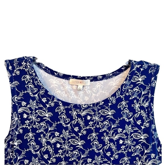 ULTRA FLIRT, WOMENS, NAVY BLUE WITH WHITE PRINT, SLEEVELESS, MINI DRESS. SIZE L - Picture 3 of 5